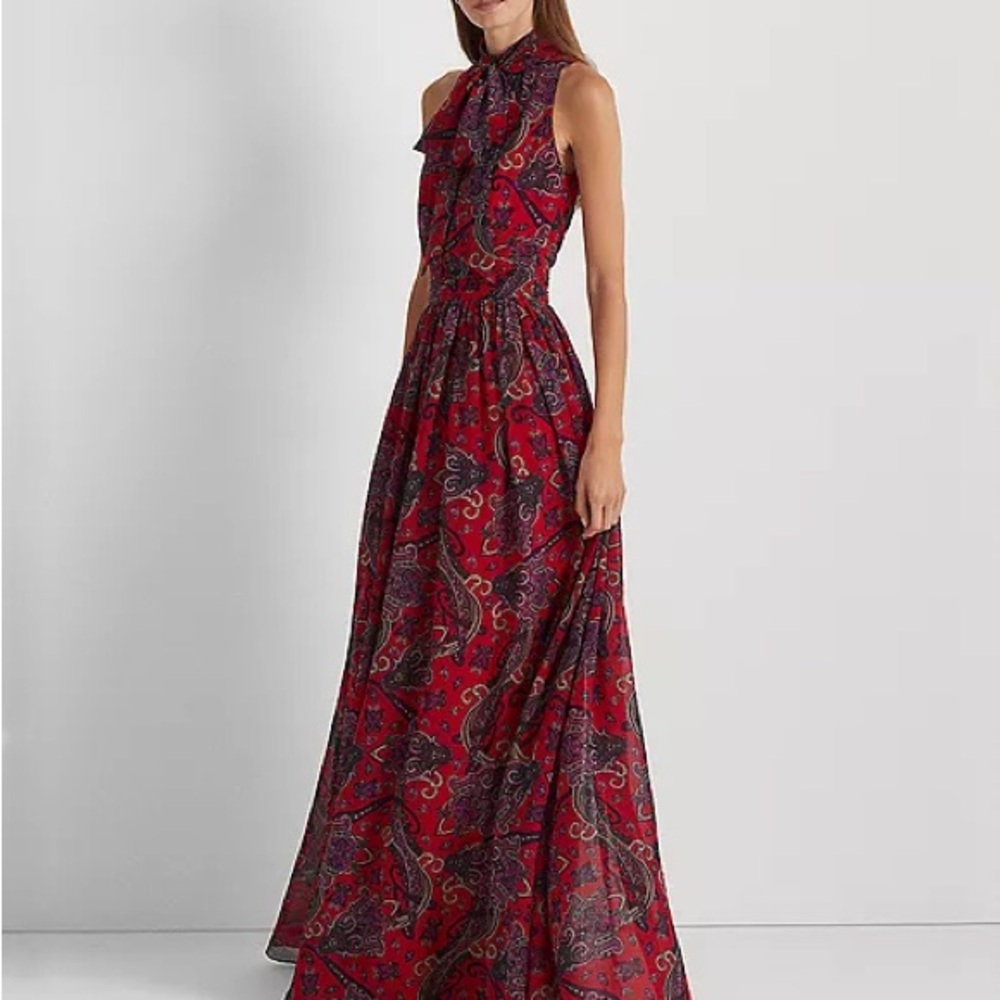 Lauren Ralph Lauren Paisley Tie-Neck Georgette Gown